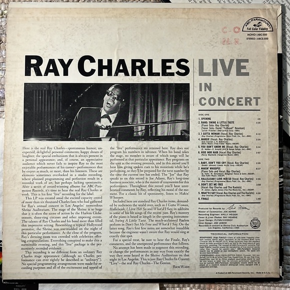 Ray Charles - “Live In Concert” Vinyl LP - Picture 2 of 5